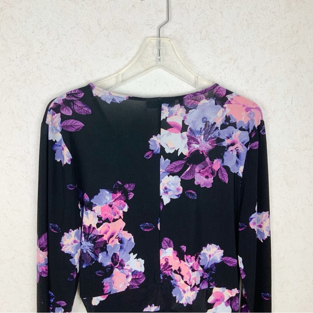 Jennifer Lopes Black Floral Long Sleeve Faux Wrap Maxi Dress M Leg Split Wedding - Picture 10 of 10